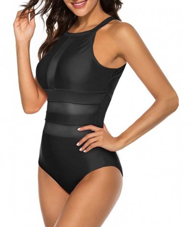 One-Pieces Womens One Piece Monokini High Neck Mesh Plunge Swimsuit Swimwear - Black - CF1934A9ELR $44.80