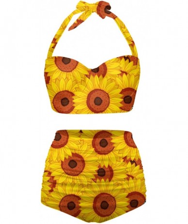 Sets Womens Cute Sunflowers Summer Halter Bikini Push up High Waisted Swimsuits - Gold - CT196RCQWOX $64.26