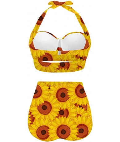 Sets Womens Cute Sunflowers Summer Halter Bikini Push up High Waisted Swimsuits - Gold - CT196RCQWOX $64.26