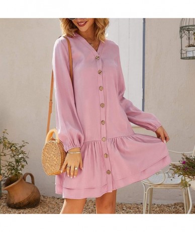 Cover-Ups Women Solid Loose V-Neck Ladies Casual Half Sleeve Button Pocket Mini Dress - C819E7E4KLL $41.61