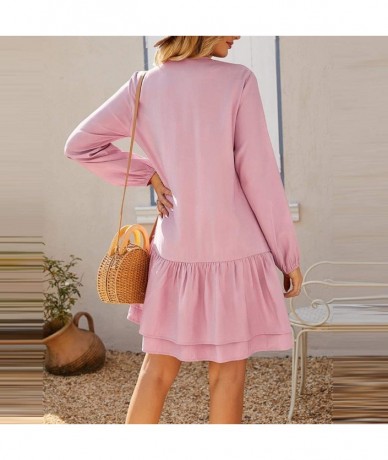 Cover-Ups Women Solid Loose V-Neck Ladies Casual Half Sleeve Button Pocket Mini Dress - C819E7E4KLL $41.61