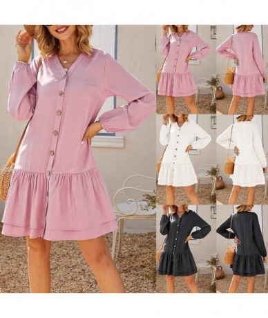 Cover-Ups Women Solid Loose V-Neck Ladies Casual Half Sleeve Button Pocket Mini Dress - C819E7E4KLL $41.61