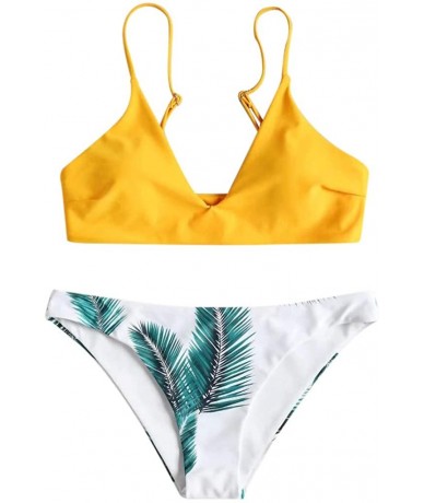 Sets Women's Bikini Set-Ladies Two Piece Swimsuit Adjustble Strap with Leaves Printed Swimwear Bathing Suit - Yellow - CF194W...