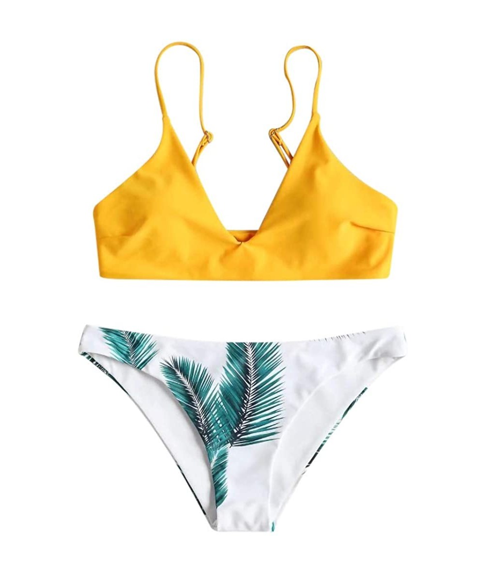 Sets Women's Bikini Set-Ladies Two Piece Swimsuit Adjustble Strap with Leaves Printed Swimwear Bathing Suit - Yellow - CF194W...