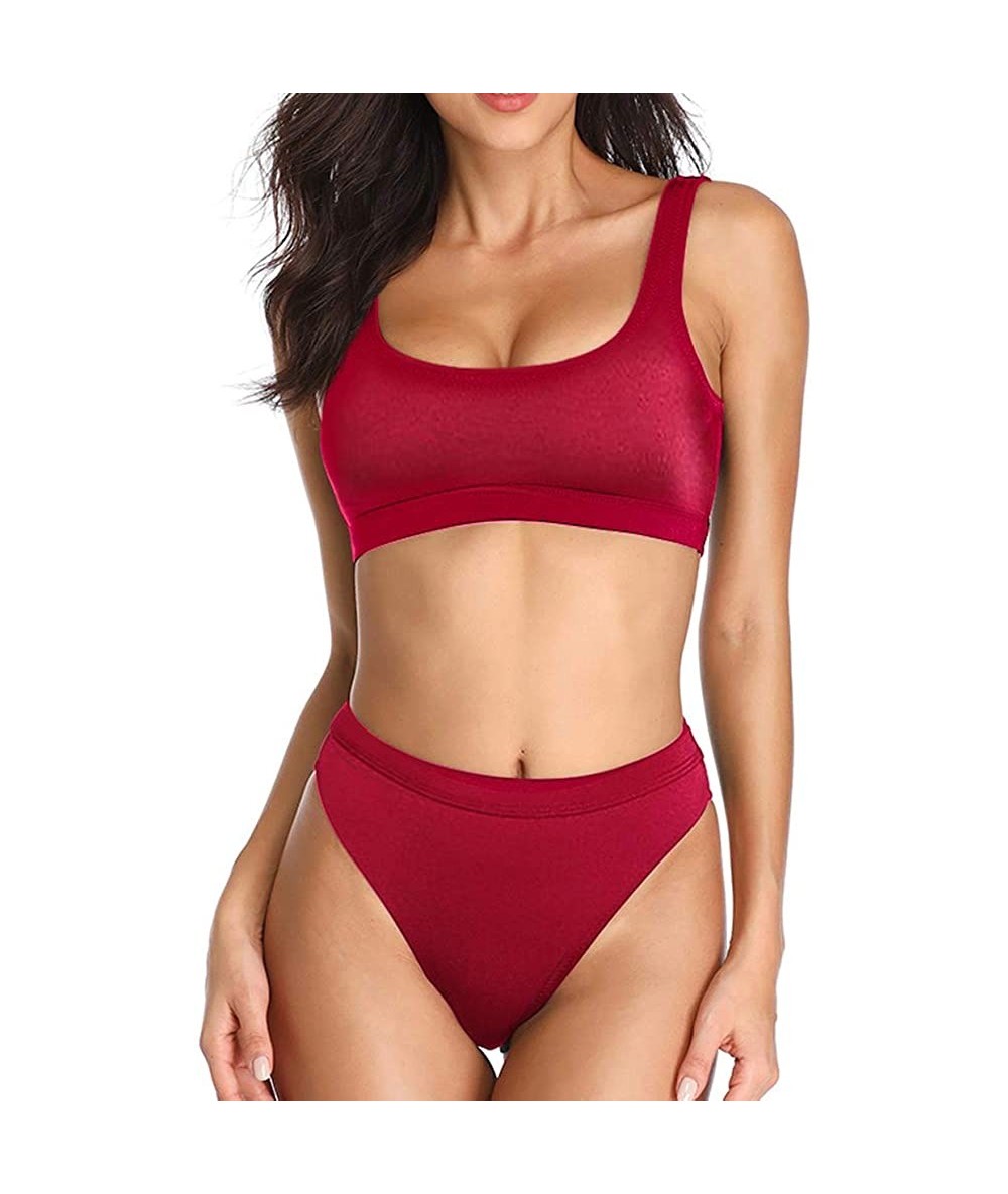 Sets Two Pieces Bikini Sets Swimsuit Sports Style Low Scoop Crop Top High Waisted High Cut Cheeky Bottom - Burgundy - CP188ZK...