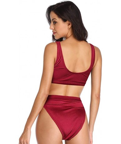 Sets Two Pieces Bikini Sets Swimsuit Sports Style Low Scoop Crop Top High Waisted High Cut Cheeky Bottom - Burgundy - CP188ZK...