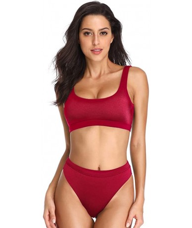 Sets Two Pieces Bikini Sets Swimsuit Sports Style Low Scoop Crop Top High Waisted High Cut Cheeky Bottom - Burgundy - CP188ZK...