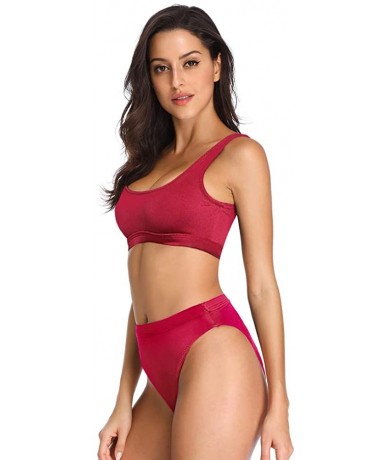 Sets Two Pieces Bikini Sets Swimsuit Sports Style Low Scoop Crop Top High Waisted High Cut Cheeky Bottom - Burgundy - CP188ZK...