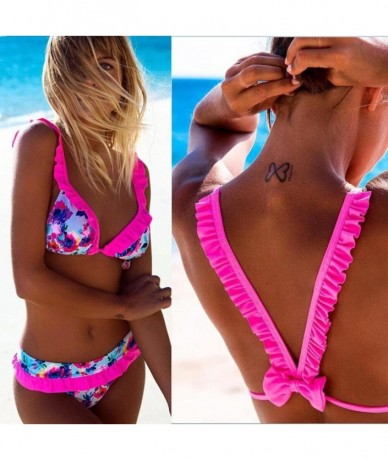 Sets Sexy Wire Free Push Up Floral Print Bow Bain Femme Swimwear Suits - Pink - CN189NCC607 $27.44