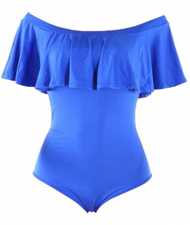 One-Pieces Women's One Piece Swimwear Off Shoulder Flounce Ruffle Swimsuits Tummy Control Bathing Suit Monokini - Blue - CJ18...