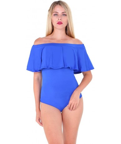 One-Pieces Women's One Piece Swimwear Off Shoulder Flounce Ruffle Swimsuits Tummy Control Bathing Suit Monokini - Blue - CJ18...