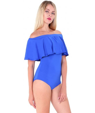 One-Pieces Women's One Piece Swimwear Off Shoulder Flounce Ruffle Swimsuits Tummy Control Bathing Suit Monokini - Blue - CJ18...