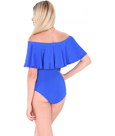 One-Pieces Women's One Piece Swimwear Off Shoulder Flounce Ruffle Swimsuits Tummy Control Bathing Suit Monokini - Blue - CJ18...