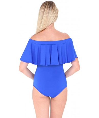 One-Pieces Women's One Piece Swimwear Off Shoulder Flounce Ruffle Swimsuits Tummy Control Bathing Suit Monokini - Blue - CJ18...