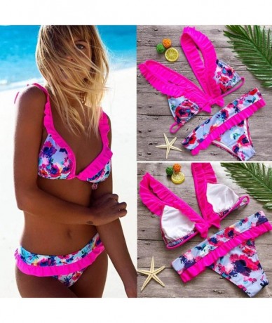 Sets Sexy Wire Free Push Up Floral Print Bow Bain Femme Swimwear Suits - Pink - CN189NCC607 $27.44