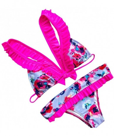 Sets Sexy Wire Free Push Up Floral Print Bow Bain Femme Swimwear Suits - Pink - CN189NCC607 $27.44