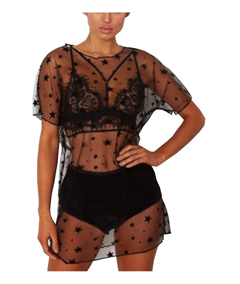 Cover-Ups Music Festival Women's Sexy See Through Shirt Short Sleeve Blouse Stars Print Mesh Dress Cover Up - A-black - CA180...