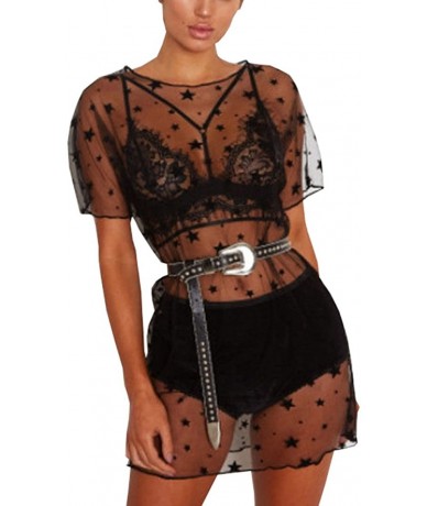 Cover-Ups Music Festival Women's Sexy See Through Shirt Short Sleeve Blouse Stars Print Mesh Dress Cover Up - A-black - CA180...