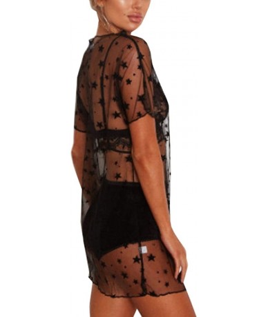 Cover-Ups Music Festival Women's Sexy See Through Shirt Short Sleeve Blouse Stars Print Mesh Dress Cover Up - A-black - CA180...