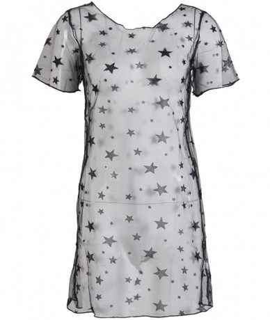 Cover-Ups Music Festival Women's Sexy See Through Shirt Short Sleeve Blouse Stars Print Mesh Dress Cover Up - A-black - CA180...