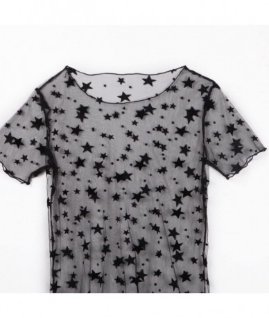 Cover-Ups Music Festival Women's Sexy See Through Shirt Short Sleeve Blouse Stars Print Mesh Dress Cover Up - A-black - CA180...