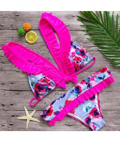 Sets Sexy Wire Free Push Up Floral Print Bow Bain Femme Swimwear Suits - Pink - CN189NCC607 $27.44