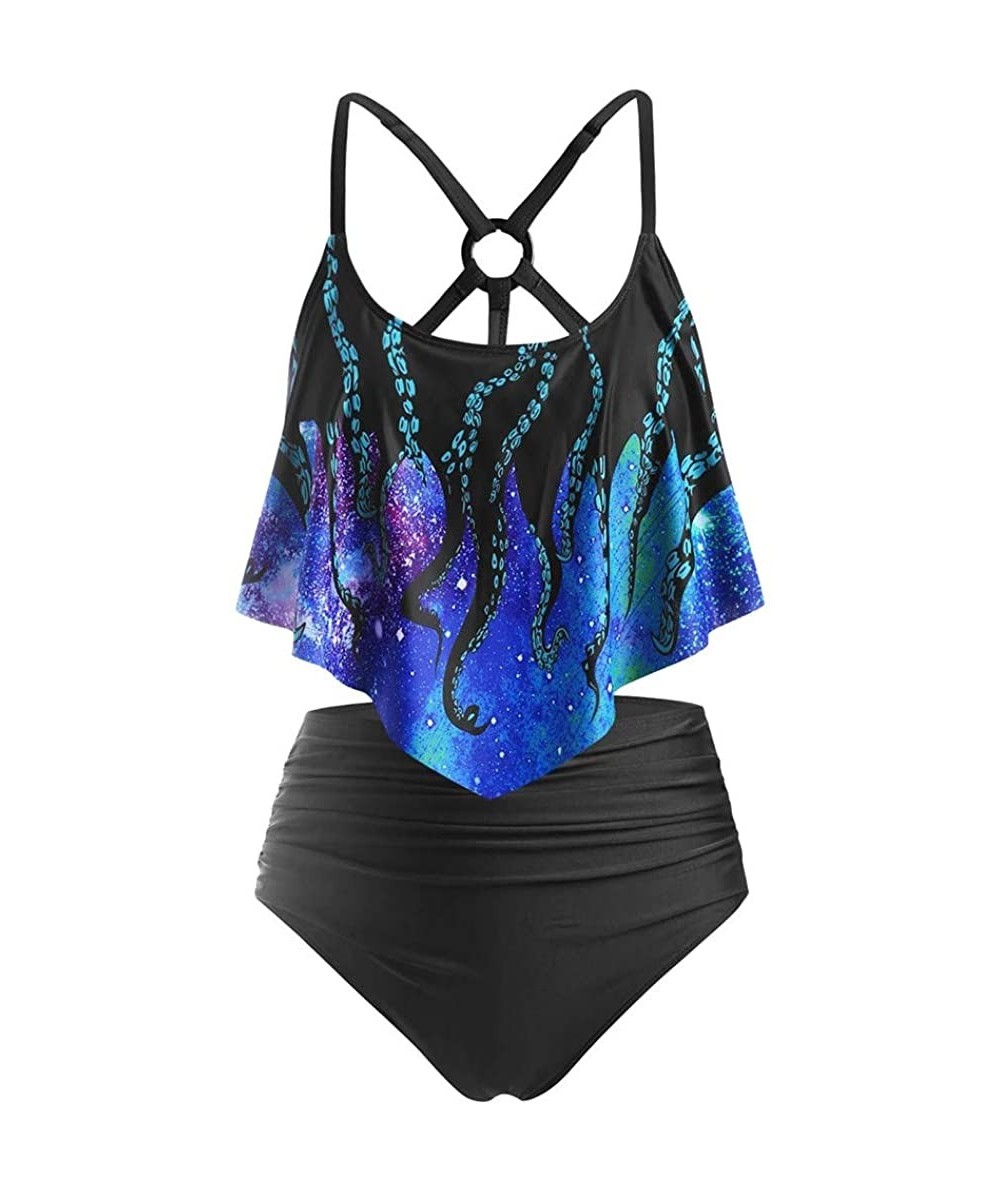 Sets Octopus Print Tankini Swimsuits for Women Tummy Control Swimming Bathing Suit Bikini Set Swimwear - B-blue - CK1903N237C...