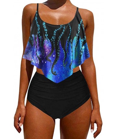 Sets Octopus Print Tankini Swimsuits for Women Tummy Control Swimming Bathing Suit Bikini Set Swimwear - B-blue - CK1903N237C...