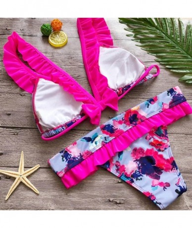 Sets Sexy Wire Free Push Up Floral Print Bow Bain Femme Swimwear Suits - Pink - CN189NCC607 $27.44