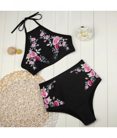 Sets Women's Sexy Two Piece Bathing Suit Push-Up Padded Bra Beach Bikini Set Swimsuit Floral Printing Swimwear Beachwear - Bl...