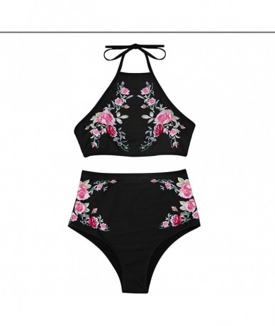 Sets Women's Sexy Two Piece Bathing Suit Push-Up Padded Bra Beach Bikini Set Swimsuit Floral Printing Swimwear Beachwear - Bl...