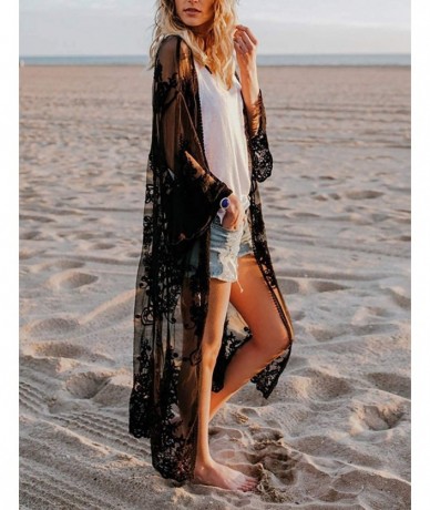 Cover-Ups Women's Sexy Lace/Mesh Bikini Cover Ups Beach Open Front Kimono Cardigan - A-black - C518Y3HIQTN $38.74