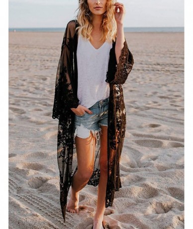 Cover-Ups Women's Sexy Lace/Mesh Bikini Cover Ups Beach Open Front Kimono Cardigan - A-black - C518Y3HIQTN $38.74