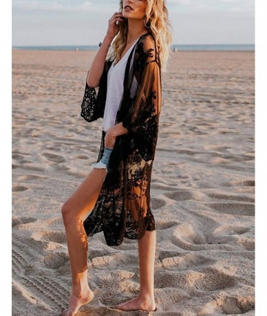 Cover-Ups Women's Sexy Lace/Mesh Bikini Cover Ups Beach Open Front Kimono Cardigan - A-black - C518Y3HIQTN $38.74