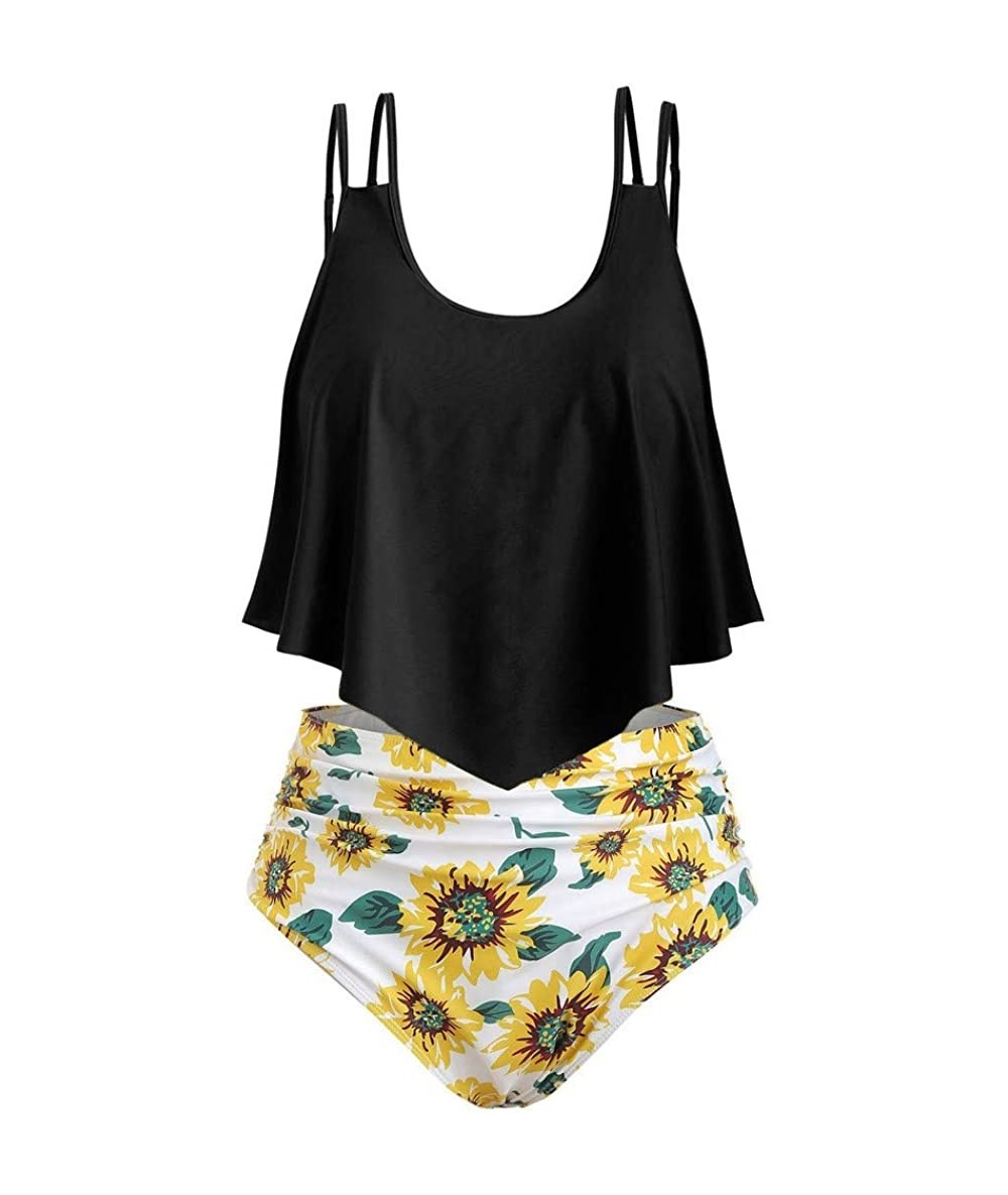 Sets Bathing Suit Two Piece Ruffled Top with High Waisted Bottom Bikini Sets Sunflower Floral Print Tankini - Black - C7194GR...