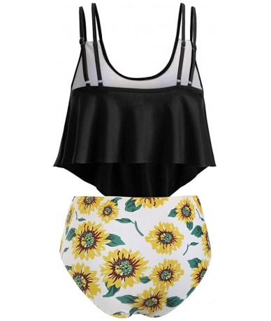 Sets Bathing Suit Two Piece Ruffled Top with High Waisted Bottom Bikini Sets Sunflower Floral Print Tankini - Black - C7194GR...