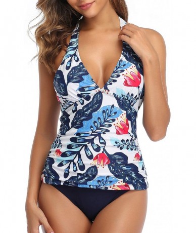 Sets Women Two Piece Swimsuit Sexy Deep V Neck Halter Ruched Tummy Control Tankini Sets - White Floral - CE18YUD4NEY $46.05