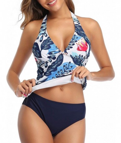 Sets Women Two Piece Swimsuit Sexy Deep V Neck Halter Ruched Tummy Control Tankini Sets - White Floral - CE18YUD4NEY $46.05