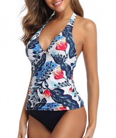 Sets Women Two Piece Swimsuit Sexy Deep V Neck Halter Ruched Tummy Control Tankini Sets - White Floral - CE18YUD4NEY $46.05