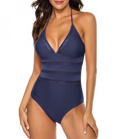 One-Pieces Women One Piece Swimsuit Monokini Sexy Hollow Halter Out Swimsuits Bathing Suit - Navy - CB193CMGGQ9 $44.81