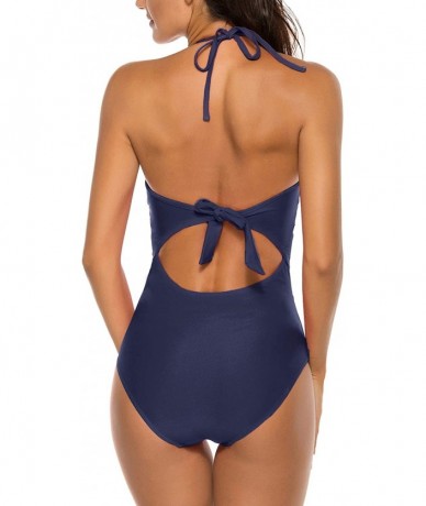 One-Pieces Women One Piece Swimsuit Monokini Sexy Hollow Halter Out Swimsuits Bathing Suit - Navy - CB193CMGGQ9 $44.81