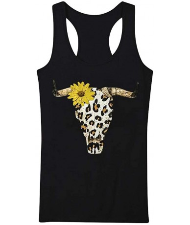 Rash Guards Women's Casual Sunflower Leopard Print Short Sleeve O-Neck Blouse Tank Tops - Black - CY1979SSG27 $24.16