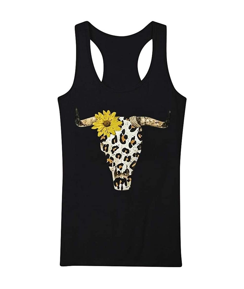 Rash Guards Women's Casual Sunflower Leopard Print Short Sleeve O-Neck Blouse Tank Tops - Black - CY1979SSG27 $24.16