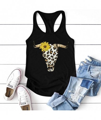 Rash Guards Women's Casual Sunflower Leopard Print Short Sleeve O-Neck Blouse Tank Tops - Black - CY1979SSG27 $24.16