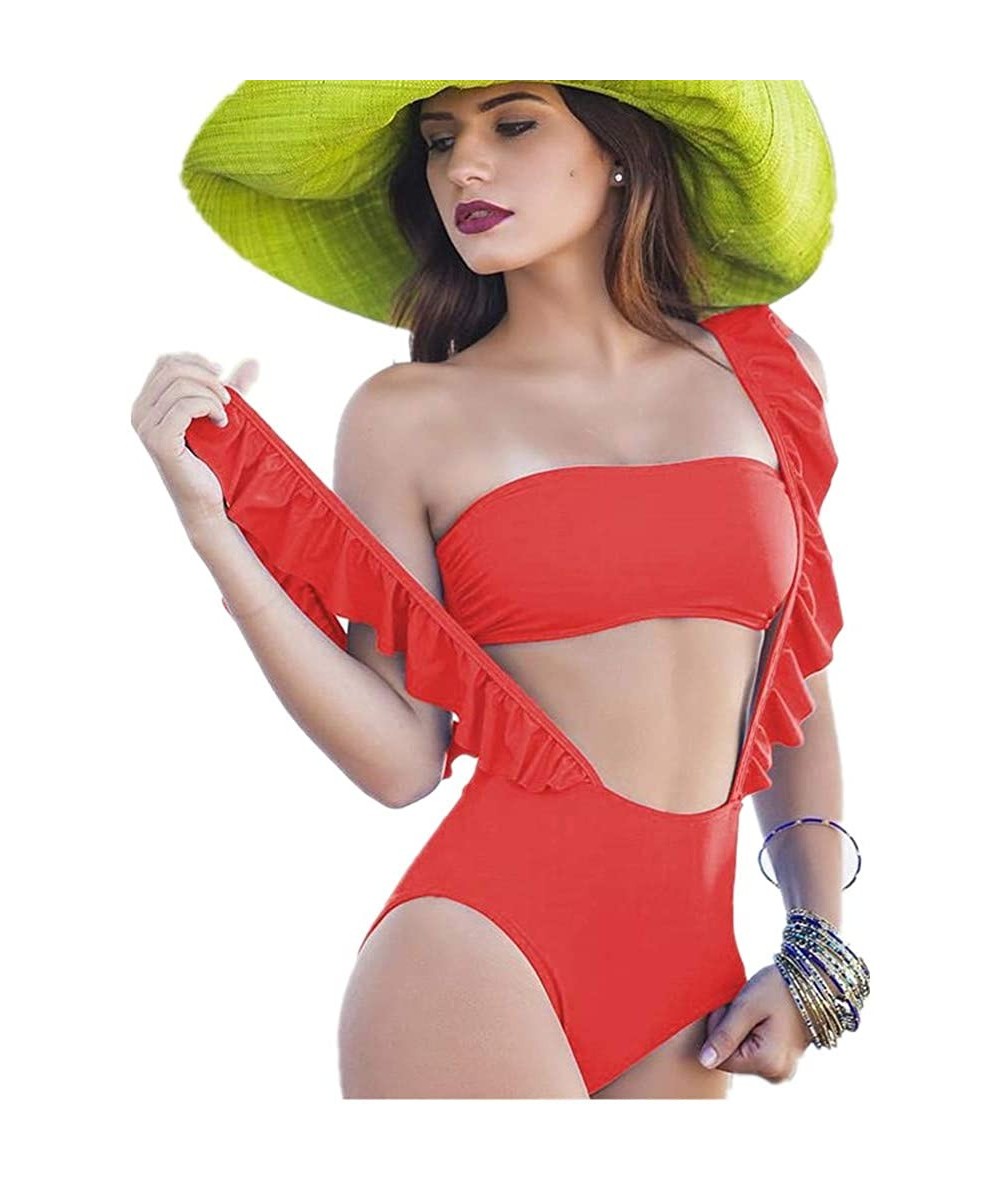 Sets Women 2 Piece Bandeau Top High Waisted Bathing Suit Ruffle Swimsuit Overall Slip Bikini Bottom Sets - Red - CE18RCNXXN3 ...