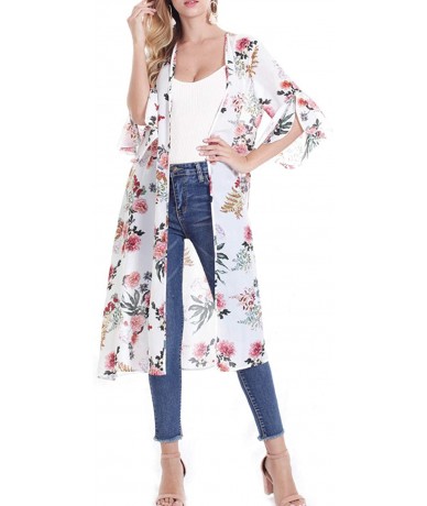 Cover-Ups Women's Floral Open Front Chiffon Long Kimono Cardigan Cover Up - White - CA18RS2MOKX $48.89