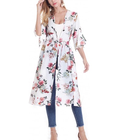 Cover-Ups Women's Floral Open Front Chiffon Long Kimono Cardigan Cover Up - White - CA18RS2MOKX $48.89