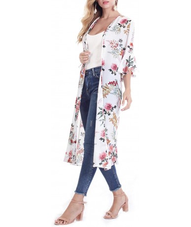 Cover-Ups Women's Floral Open Front Chiffon Long Kimono Cardigan Cover Up - White - CA18RS2MOKX $48.89