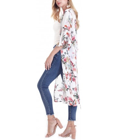 Cover-Ups Women's Floral Open Front Chiffon Long Kimono Cardigan Cover Up - White - CA18RS2MOKX $48.89