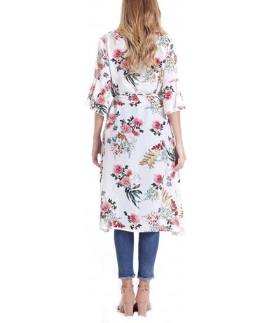 Cover-Ups Women's Floral Open Front Chiffon Long Kimono Cardigan Cover Up - White - CA18RS2MOKX $48.89